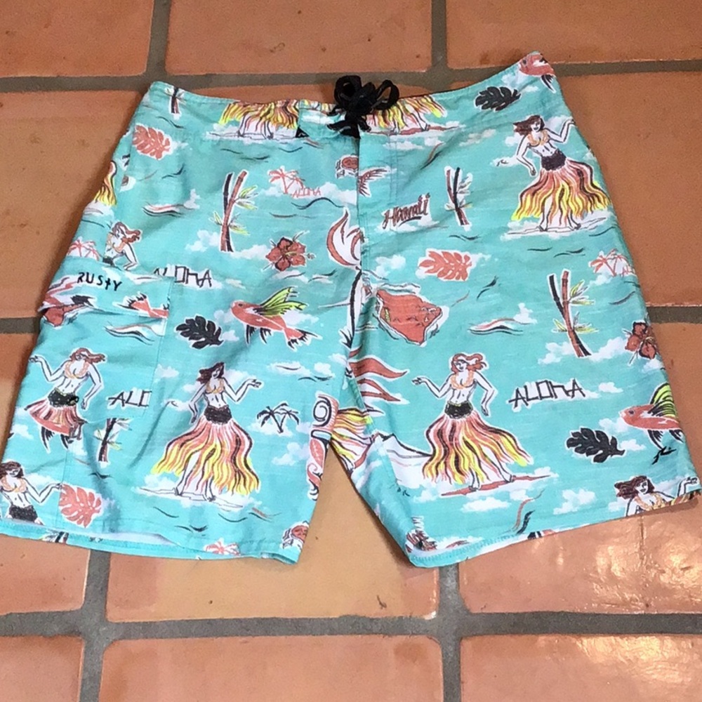 Rusty Men’s Hawaiian Surf Shorts Aloha Girl Blue Size 33